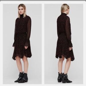 ALLSAINTS Ria Nala Dress Womens Large Black Pink Star Embroidered Long Sleeve